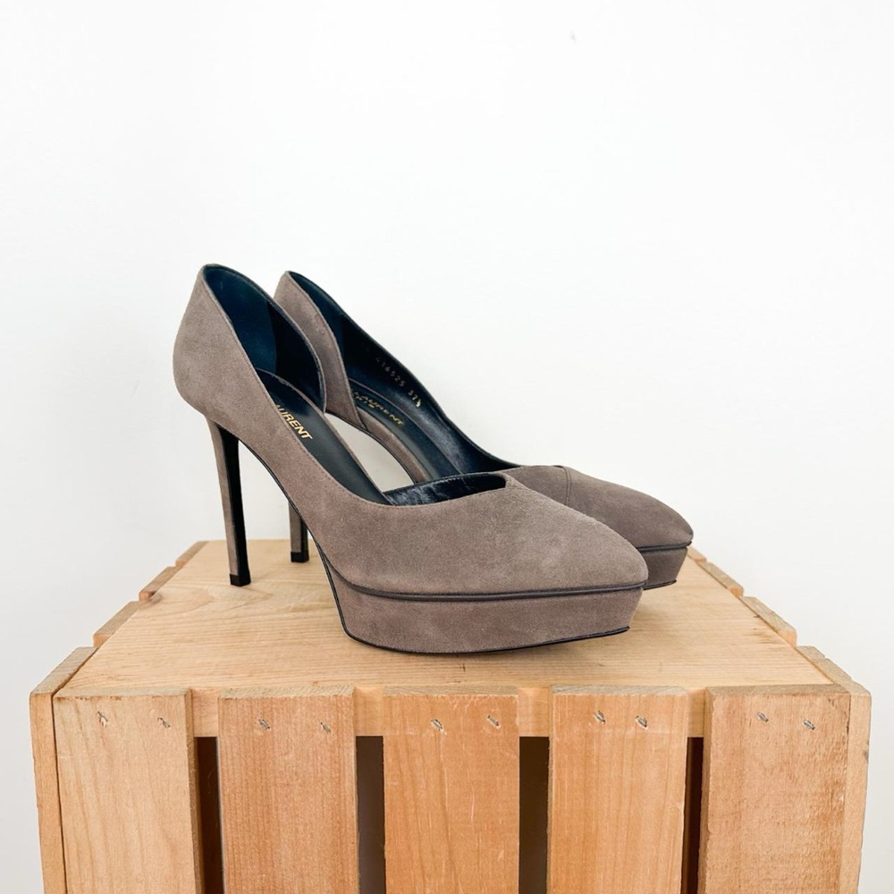 Saint Laurent YSL Taupe Grey Suede Janis Platform High Heels Size 37.5